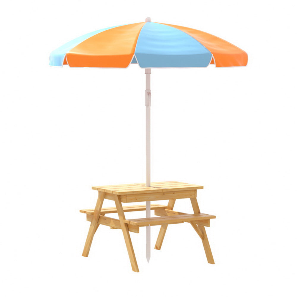 Keezi Kids Outdoor Table and Chairs Picnic Bench Umbrella Set Water Sand Pit Box