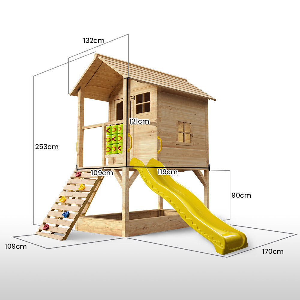 ROVO KIDS Wooden Tower Cubby House with Slide, Sandpit, Climbing Wall, Noughts & Crosses, Natural Colour