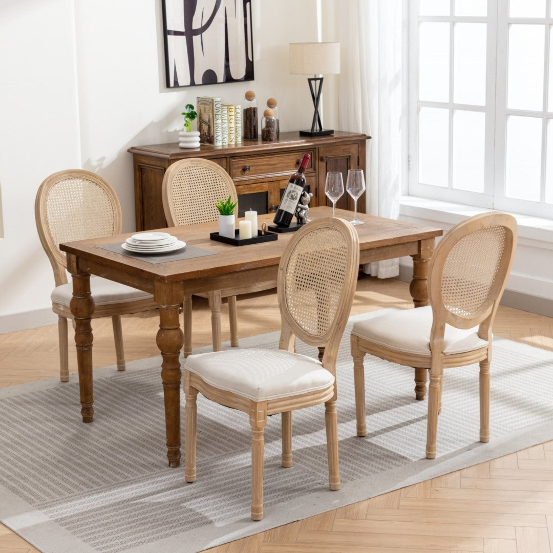 AADEN 2x Rattan Dining Chairs with Solid Wood Legs- Beige