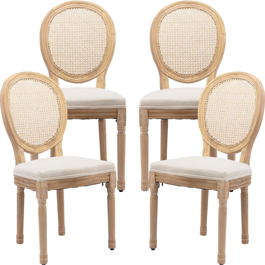 AADEN 4x Rattan Dining Chairs with Solid Wood Legs- Beige