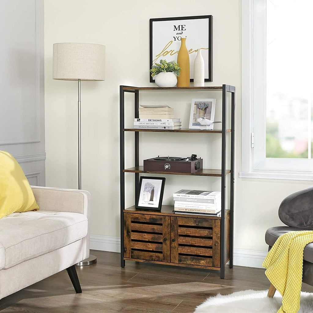 VASAGLE Bookcase Floor Standing Storage Cabinet and Cupboard with 2 Louvred Doors and 3 Shelves Bookshelf Rustic Brown