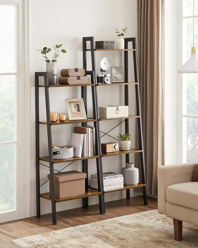 VASAGLE Ladder Shelf 4-Tier Industrial Storage Rack for Living Room Rustic Brown and Black