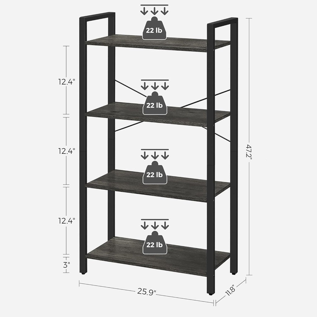 VASAGLE 4 Tier Bookshelf Industrial Style Charcoal Grey and Black