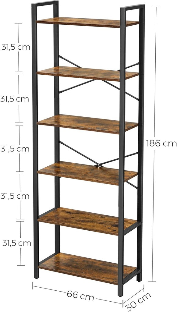 VASAGLE 6-Tier Bookcase Storage Shelf Industrial Design Vintage Brown Black