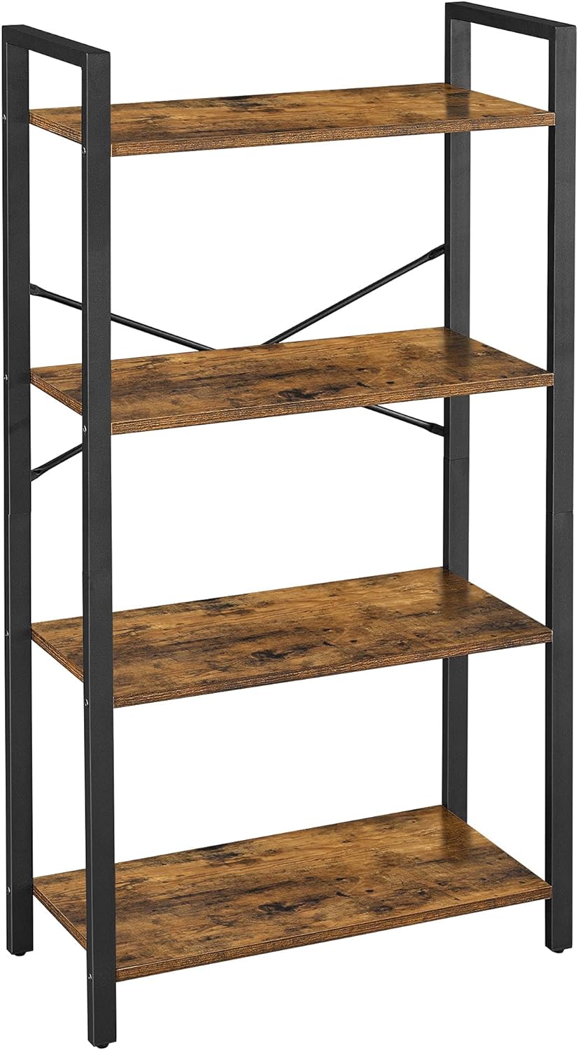 VASAGLE 4-Tier Bookshelf Storage Rack with Steel Frame for Living Room Office Study Hallway Industrial Style Rustic Brown and Black