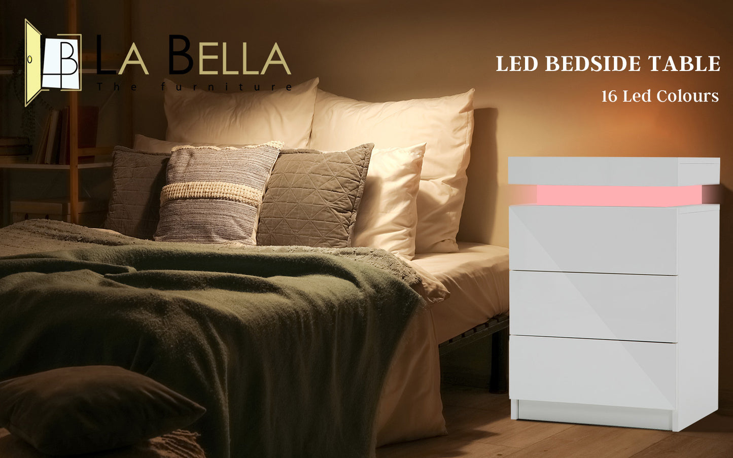 Bedside Table 3 Drawers RGB LED Bedroom Cabinet Nightstand Gloss GLORY WHITE