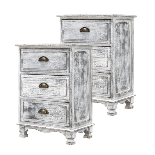 2X Bedside Table 3 Drawer Vintage Side Table Storage Cabinet Bedroom CLARA GREY