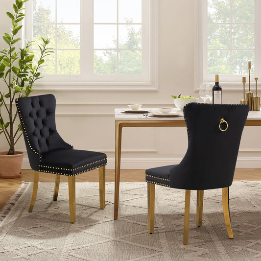 Set of 2 -Alsea Black Velvet & Gold Polished Steel Dining Chairs Upholstered Tufted Stud Trim and Ring