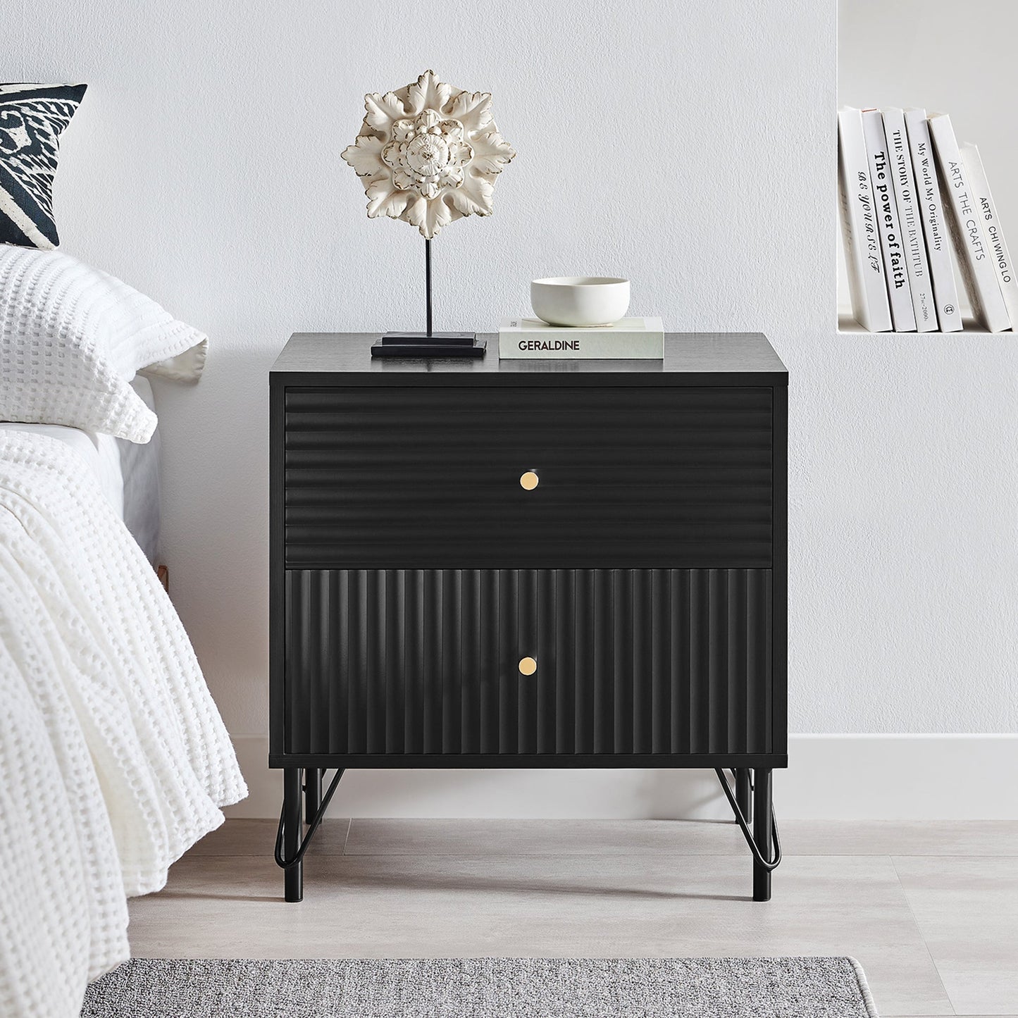 Lisa Wavy Fluted Bedside Table in Black