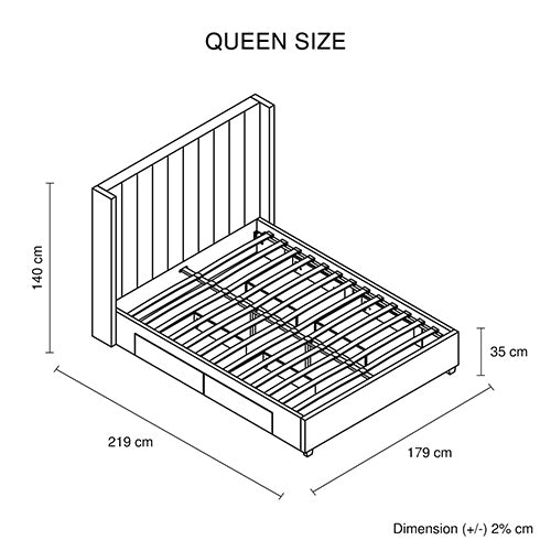 Alexa Queen Size High Rise Headboard Linen Beige Fabric Four MDF Drawers with Wheels Bed Frame