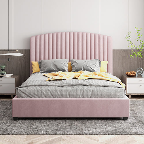 Camelia Double Size Bed Frame Pink Velvet Upholstery High Headboard Quality Slats Metal Structure