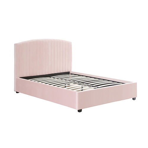 Camelia Double Size Bed Frame Pink Velvet Upholstery High Headboard Quality Slats Metal Structure