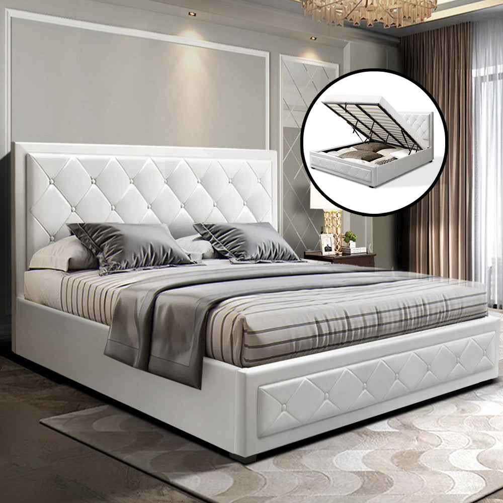 Artiss Bed Frame King Size Gas Lift White TIYO