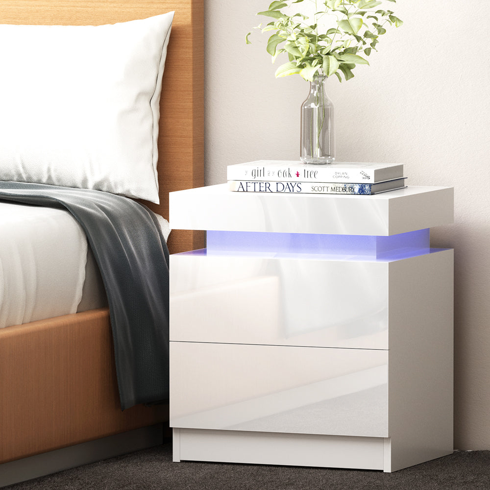 Artiss Bedside Table LED 2 Drawers Lift-up Storage - COLEY White