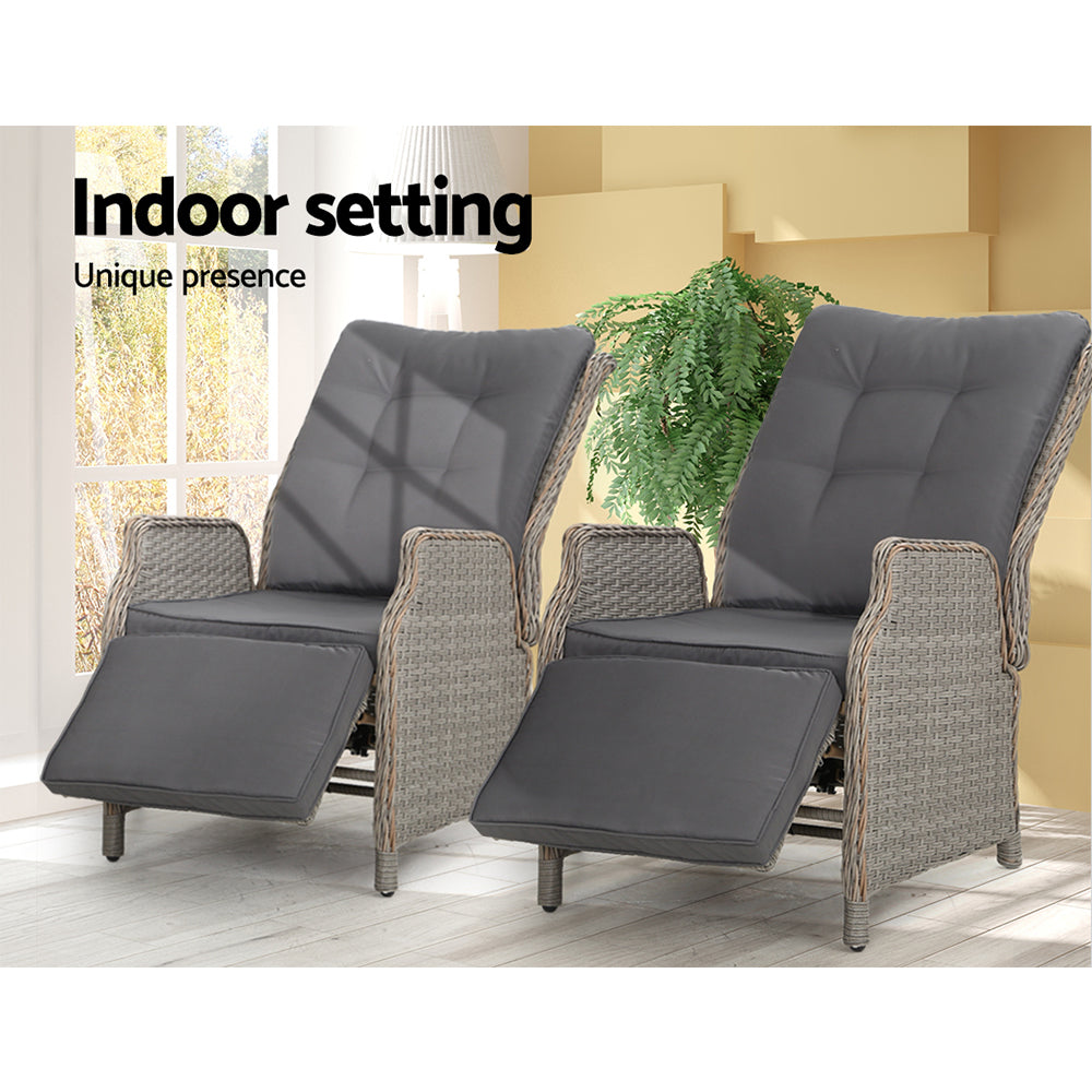 Gardeon 2PC Recliner Chairs Sun lounge Wicker Lounger Outdoor Furniture Adjustable Grey