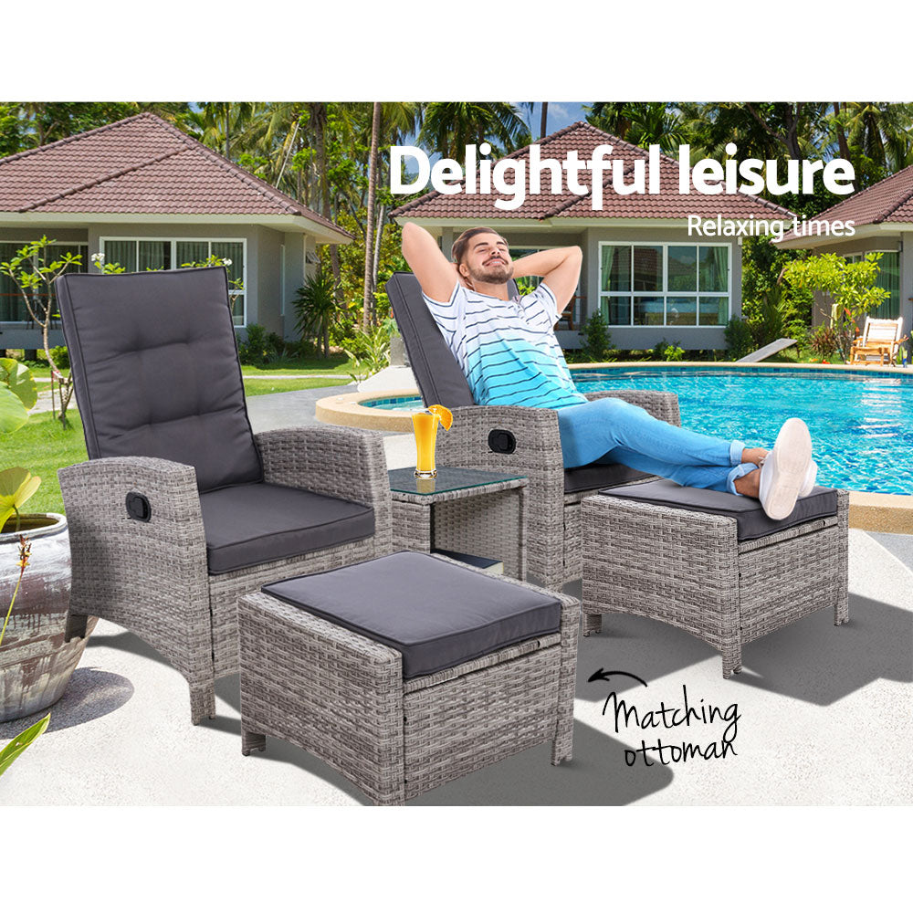 Gardeon 5PC Recliner Chairs Table Sun lounge Wicker Outdoor Furniture Adjustable Grey