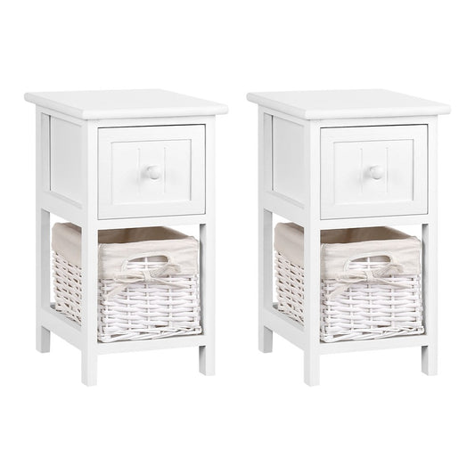 Artiss Bedside Table 1 Drawer with Basket Rustic White X2