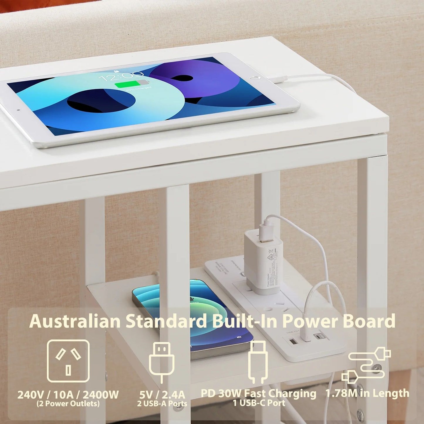 Bedside Table with Power - Chic Look, White