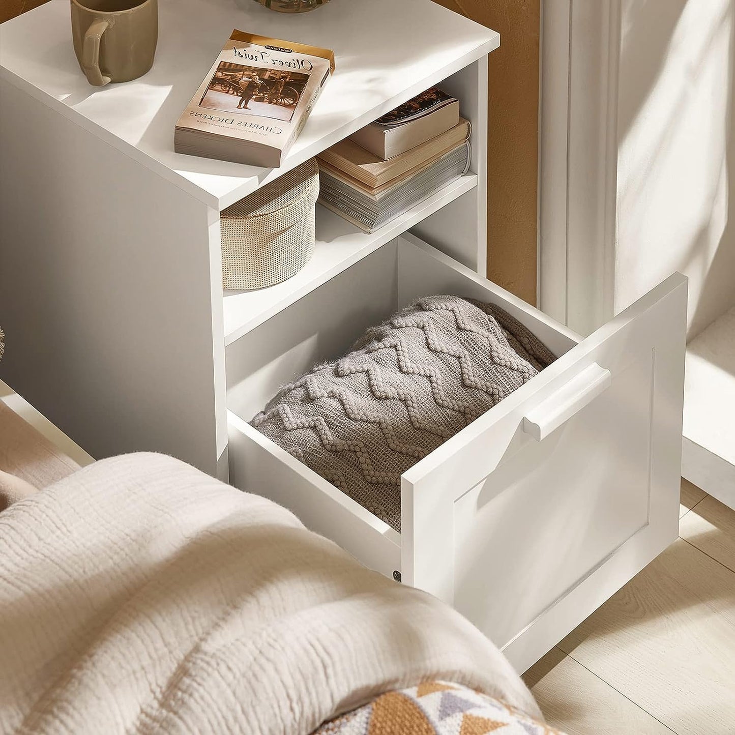 Bedside Table Shelf Drawer, White