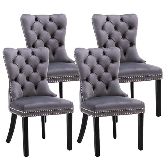 4x Velvet Dining Chairs Upholstered Tufted Kithcen Chair with Solid Wood Legs Stud Trim and Ring-Gray