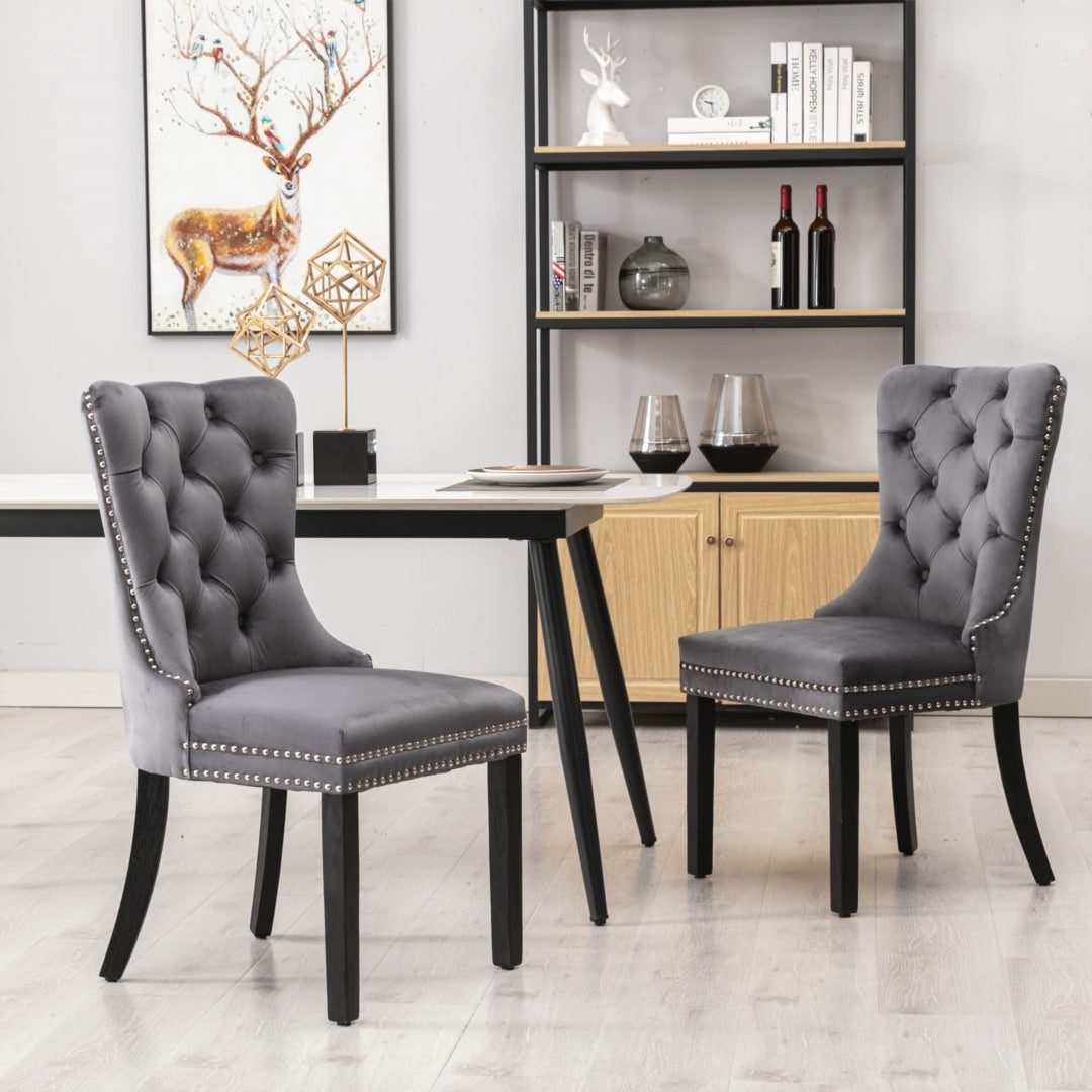 8x Velvet Dining Chairs Upholstered Tufted Kithcen Chair with Solid Wood Legs Stud Trim and Ring-Gray