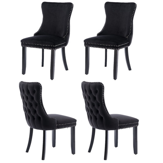 4x Velvet Upholstered Dining Chairs Tufted Wingback Side Chair with Studs Trim Solid Wood Legs for Kitchen