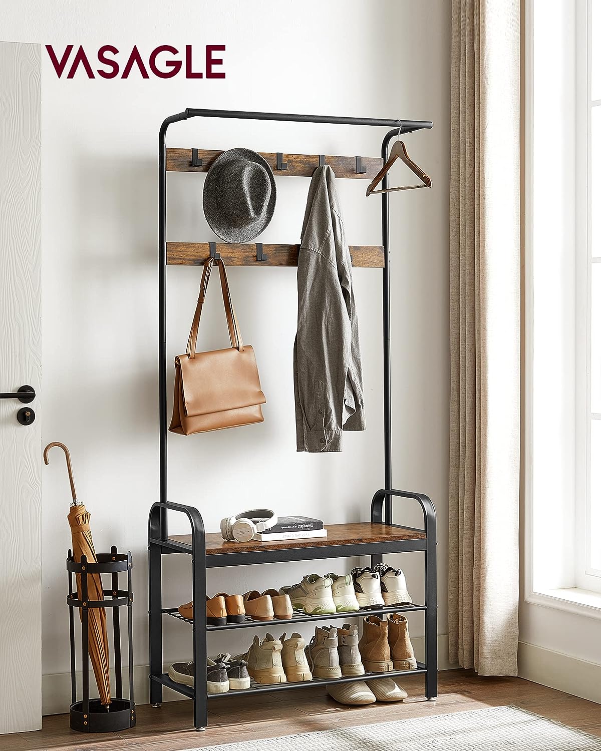 VASAGLE 4-in-1 Coat Rack with Shoe Bench and 9 Removable Hooks Rustic Brown and Black HSR400B01V1