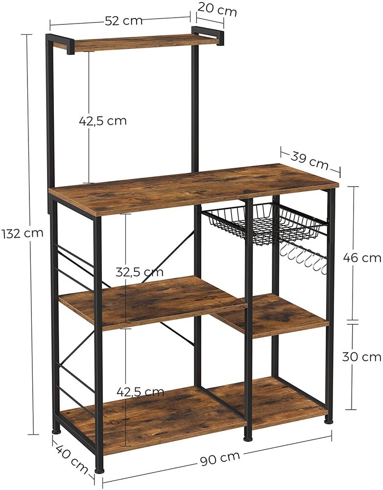 VASAGLE Baker's Rack with Shelves Microwave Stand with Wire Basket 6 S-Hooks Rustic Brown KKS35X