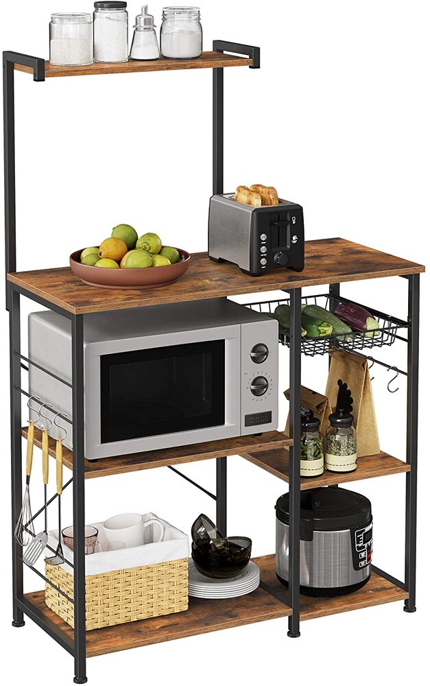 VASAGLE Baker's Rack with Shelves Microwave Stand with Wire Basket 6 S-Hooks Rustic Brown KKS35X