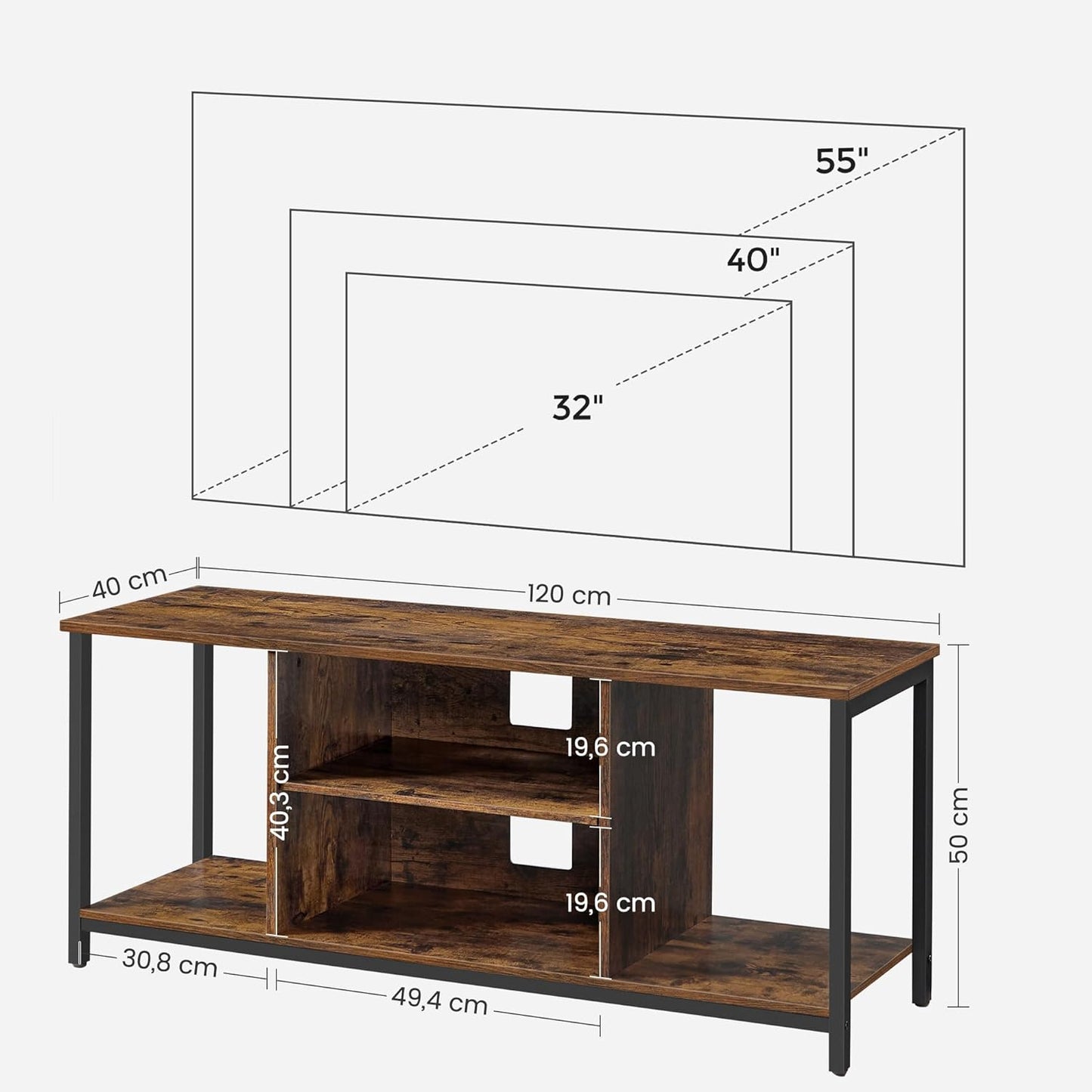 VASAGLE Lowboard TV Cabinet for TVs up to 60 Inches with Open Compartments Vintage Brown/Black LTV060B01V1