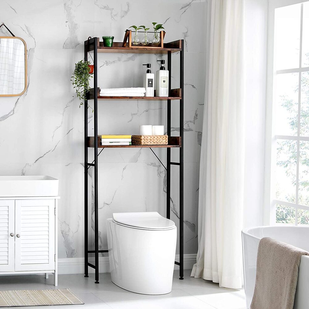 VASAGLE Toilet Shelf Bathroom Shelf Washing Machine Shelf with 3 Open Shelves Space Vintage Brown Black BTS002B01