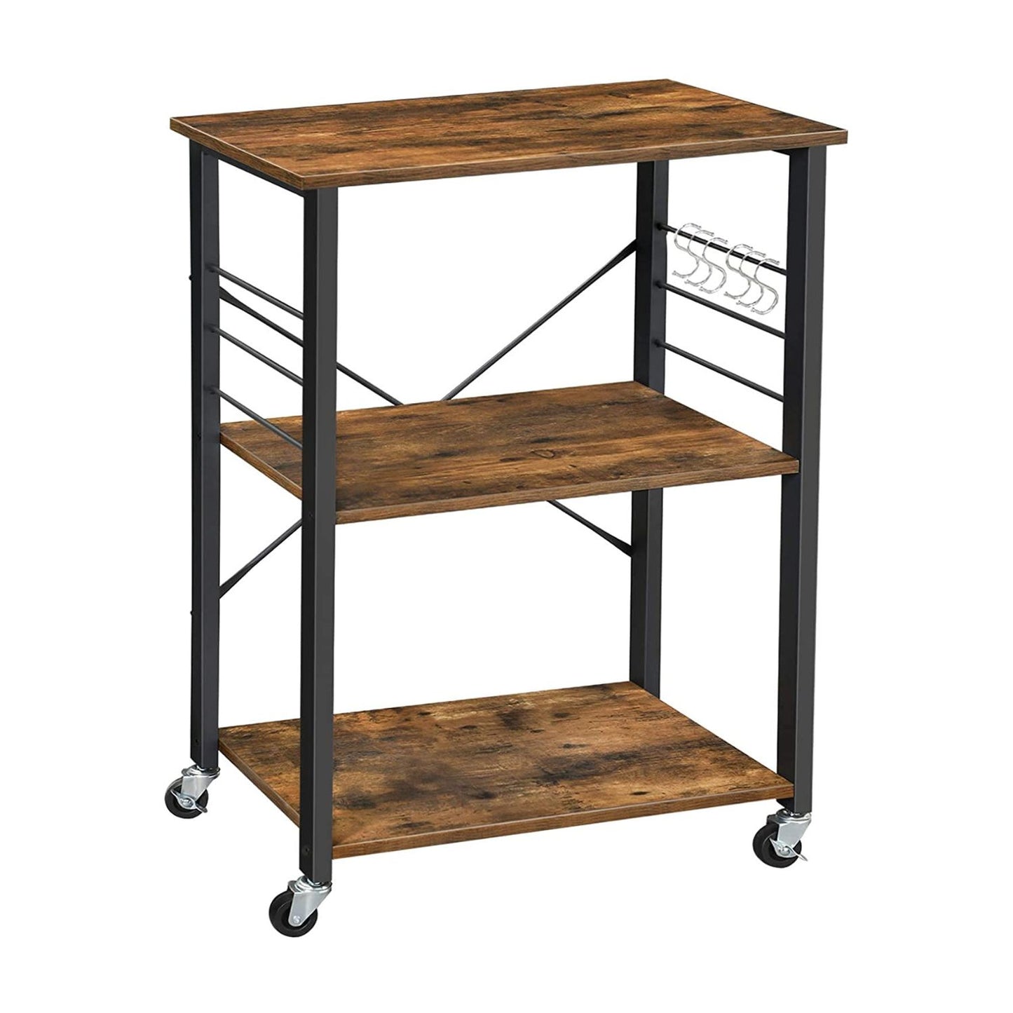 VASAGLE Kitchen Shelf on Wheels Serving Trolley with 3 Shelves Metal Frame with 6 Hook Rustic Brown KKS60XV1