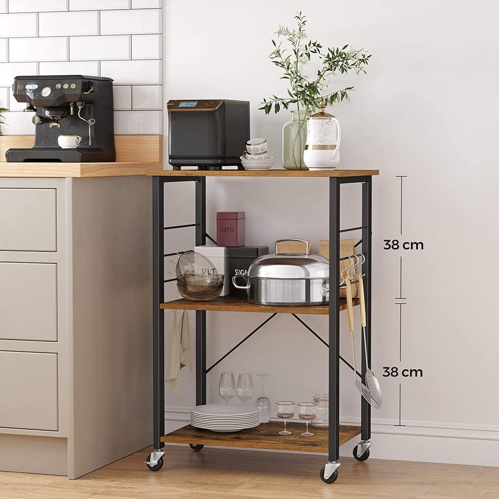 VASAGLE Kitchen Shelf on Wheels Serving Trolley with 3 Shelves Metal Frame with 6 Hook Rustic Brown KKS60XV1