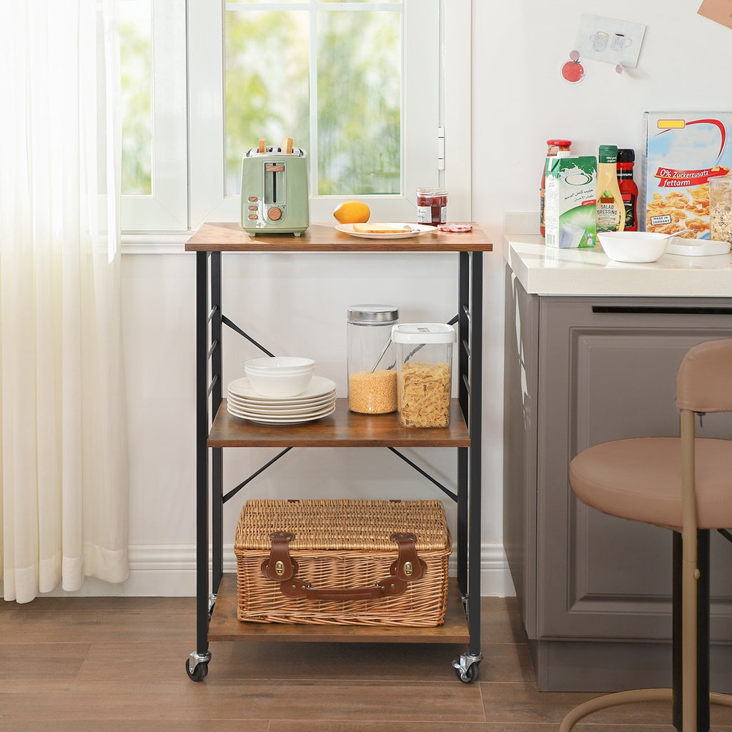 VASAGLE Kitchen Shelf on Wheels Serving Trolley with 3 Shelves Metal Frame with 6 Hook Rustic Brown KKS60XV1