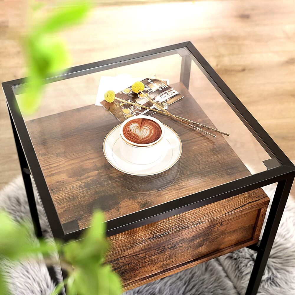 VASAGLE Side Table Tempered Glass End Table with Drawer and Shelf Rustic Brown and Black LET04BX