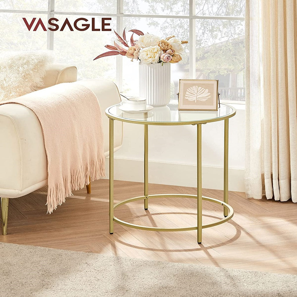 VASAGLE Round Side Tables Set of 2 Tempered Glass with Steel Frame Gold LGT037A61