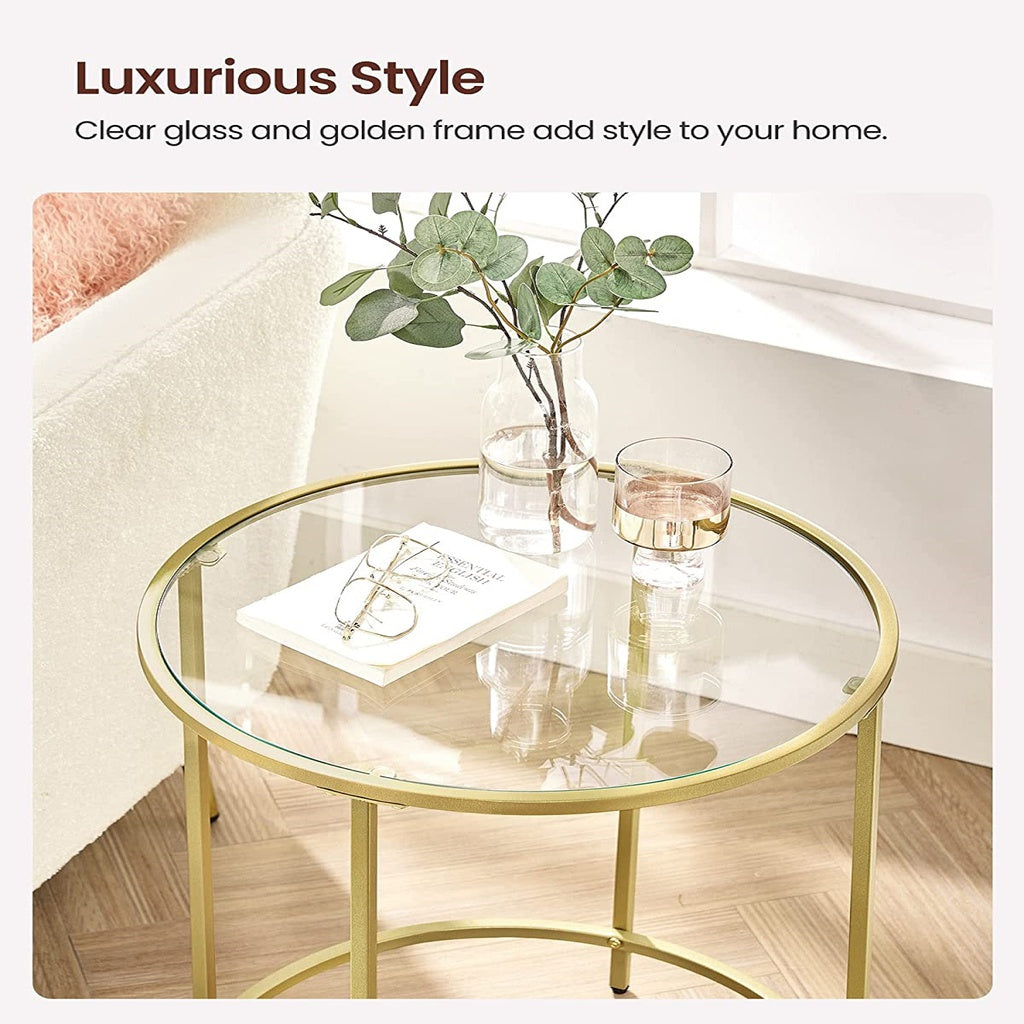 VASAGLE Round Side Tables Set of 2 Tempered Glass with Steel Frame Gold LGT037A61