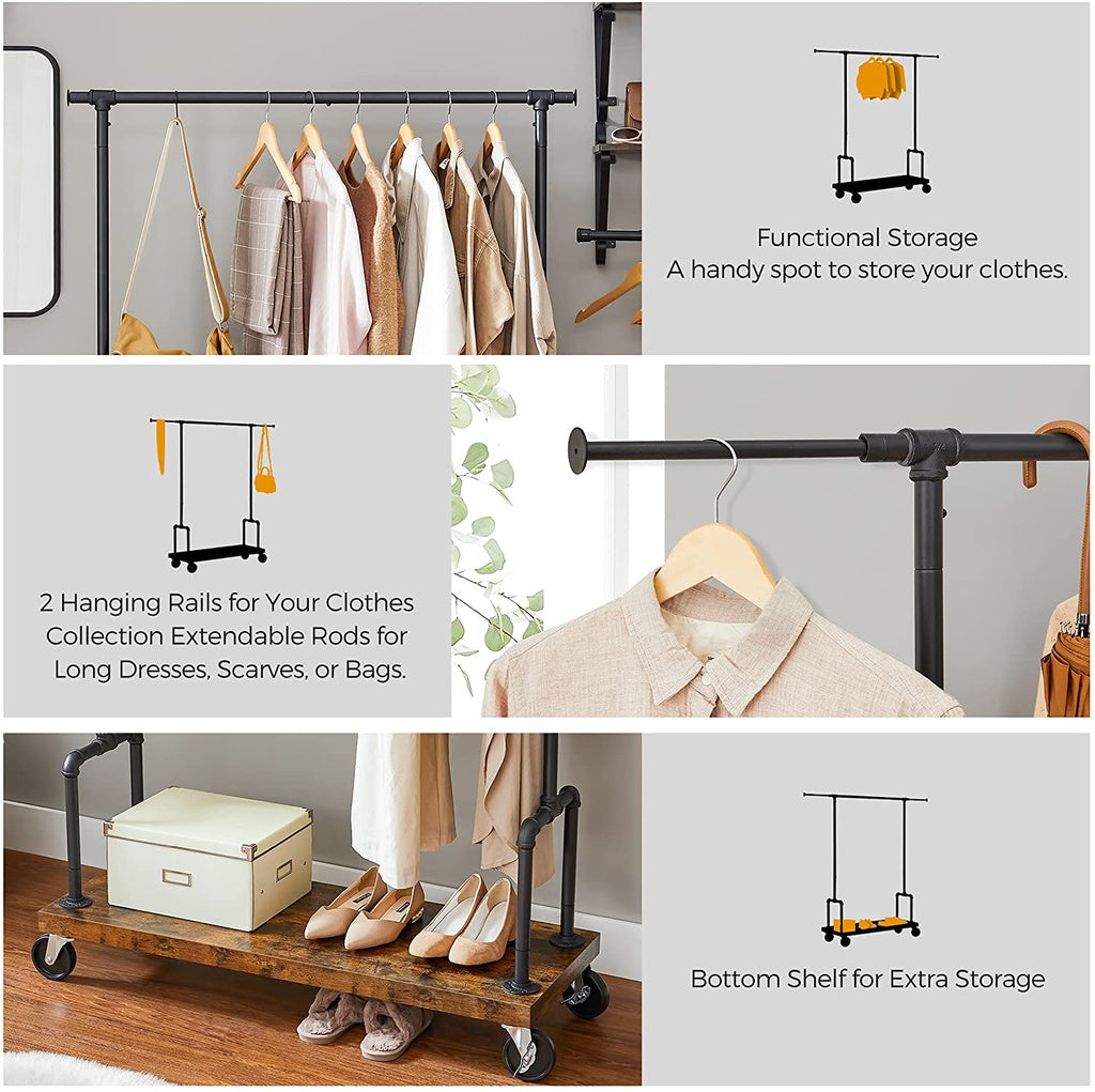 VASAGLE Clothes Rack Single Rail Rustic Brown and Black RGR110B01