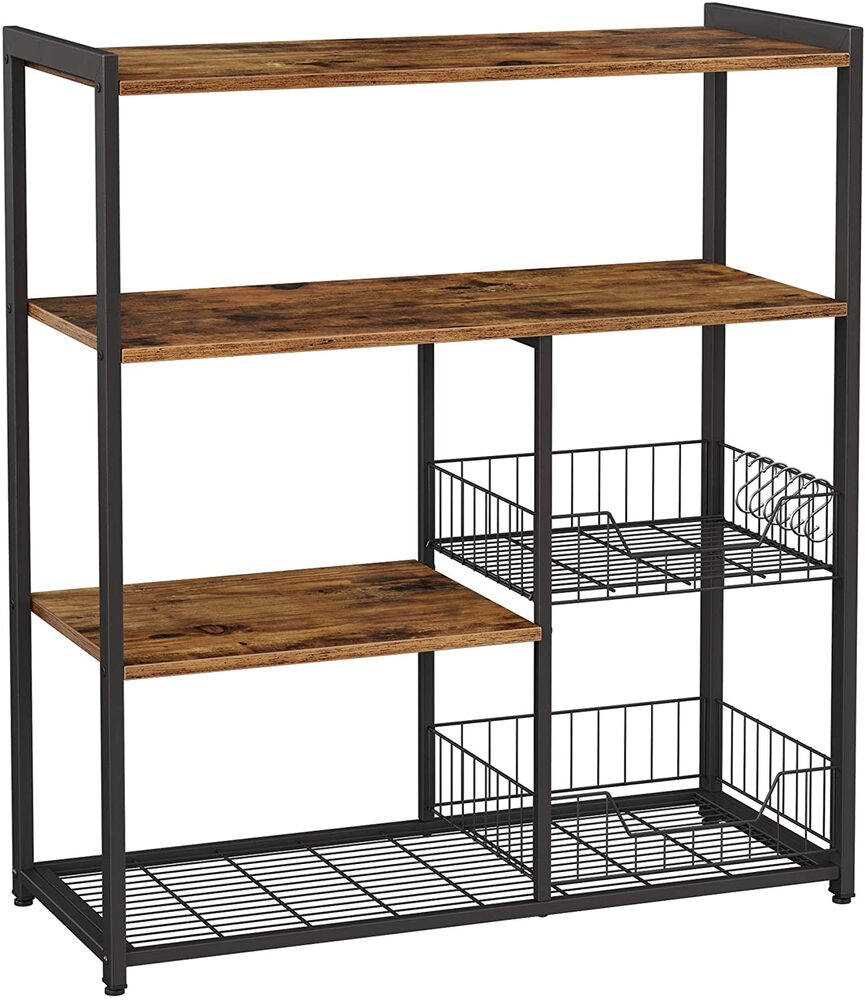 VASAGLE Baker's Rack Kitchen Island with 2 Metal Mesh Baskets Shelves and Hooks Industrial Style Rustic Brown KKS96X