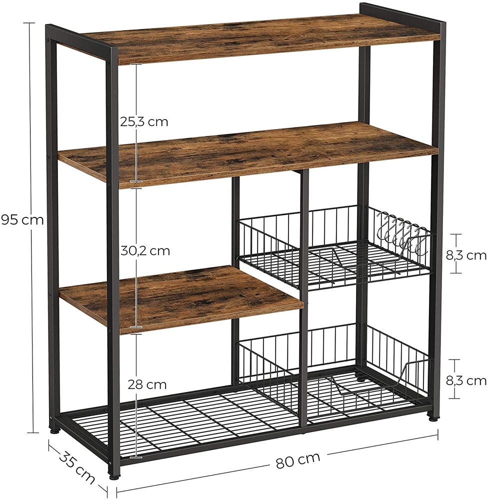 VASAGLE Baker's Rack Kitchen Island with 2 Metal Mesh Baskets Shelves and Hooks Industrial Style Rustic Brown KKS96X