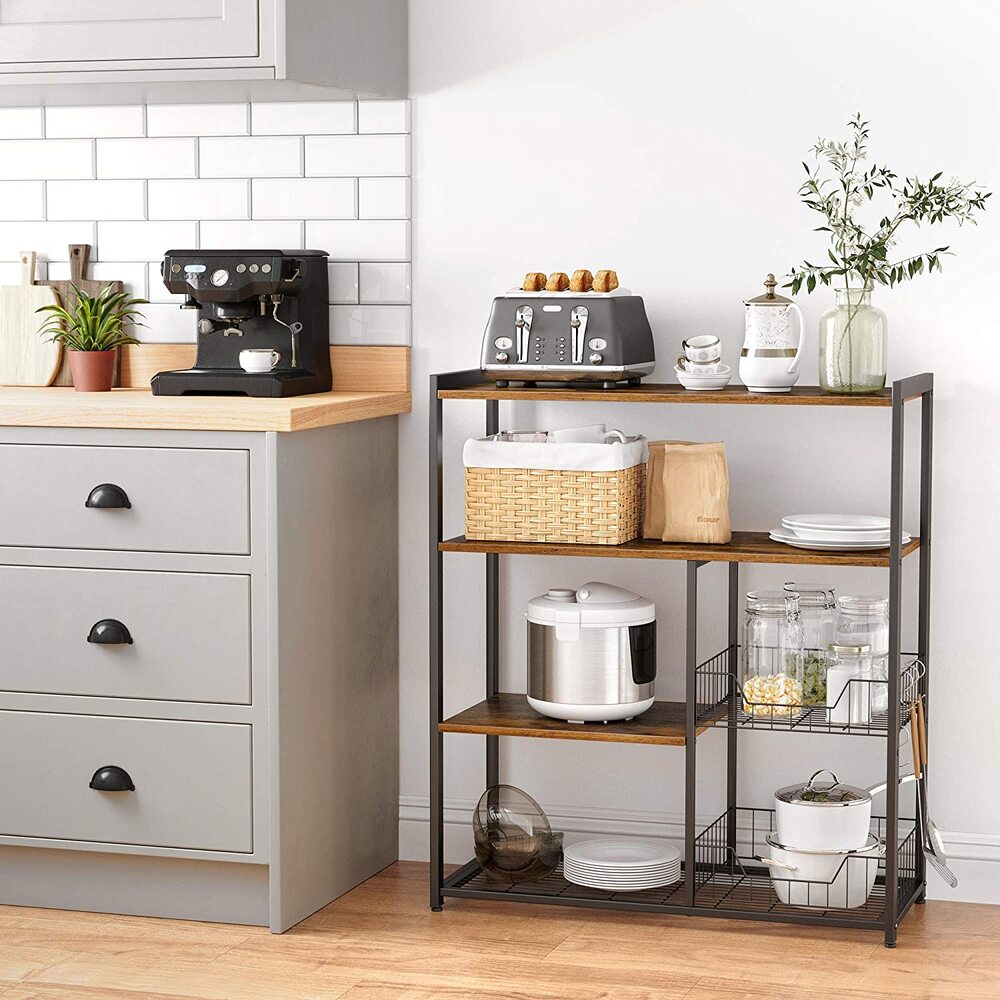 VASAGLE Baker's Rack Kitchen Island with 2 Metal Mesh Baskets Shelves and Hooks Industrial Style Rustic Brown KKS96X