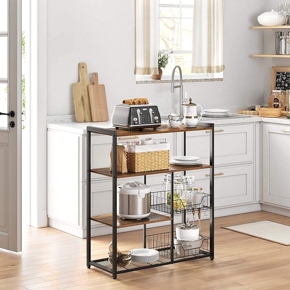 VASAGLE Baker's Rack Kitchen Island with 2 Metal Mesh Baskets Shelves and Hooks Industrial Style Rustic Brown KKS96X