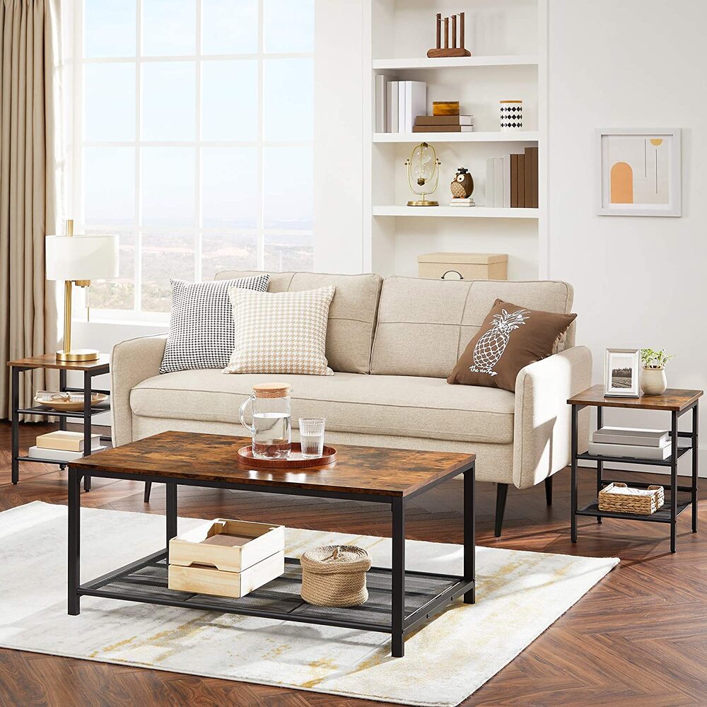 VASAGLE Coffee Table Living Room Table with Dense Mesh Shelf Large Storage Space Tea Table Easy Assembly Stable Industrial Design Rustic Brown LCT64X