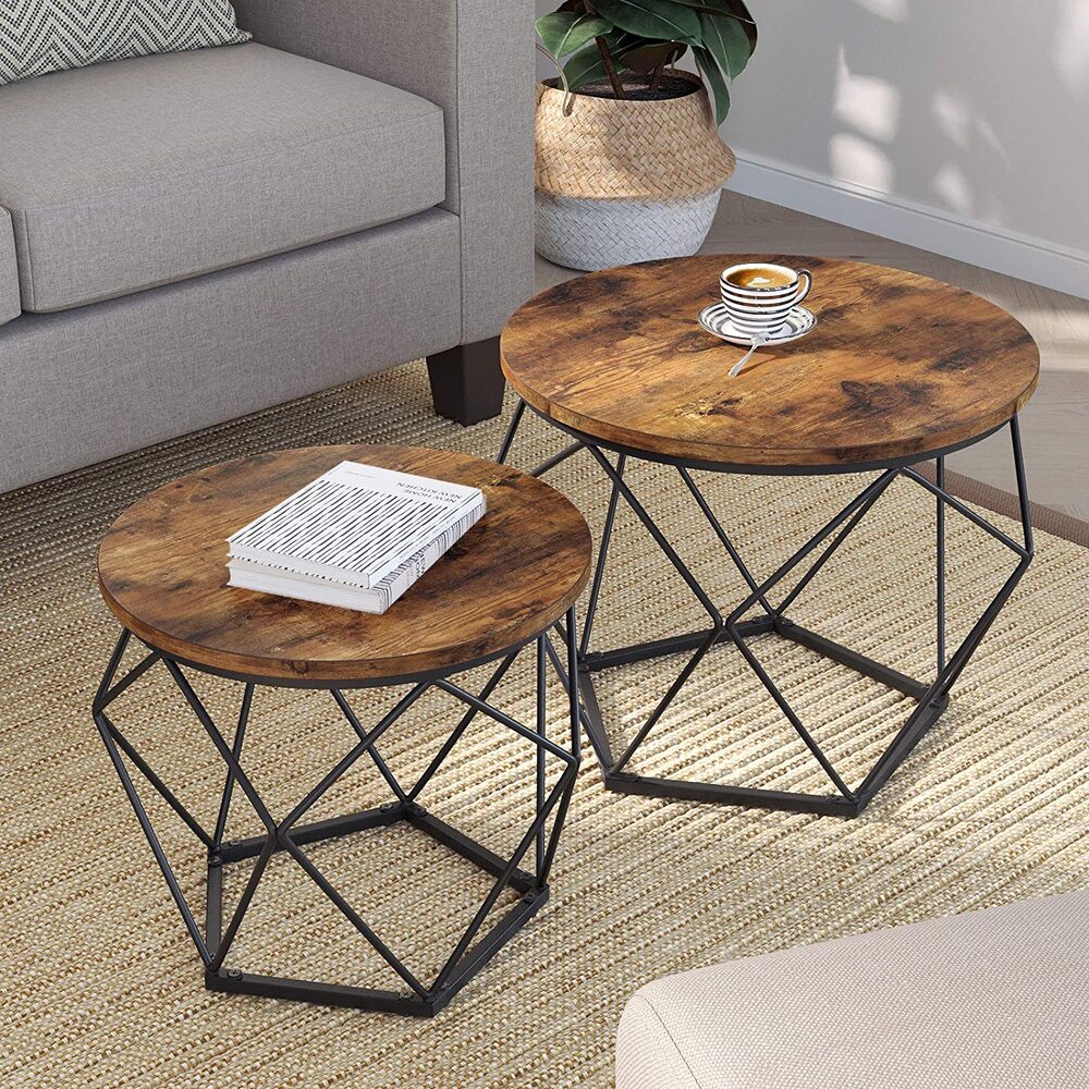 VASAGLE Coffee Tables Set of 2 Side Tables Robust Steel Frame for Living Room Bedroom Rustic Brown and Black LET040B01