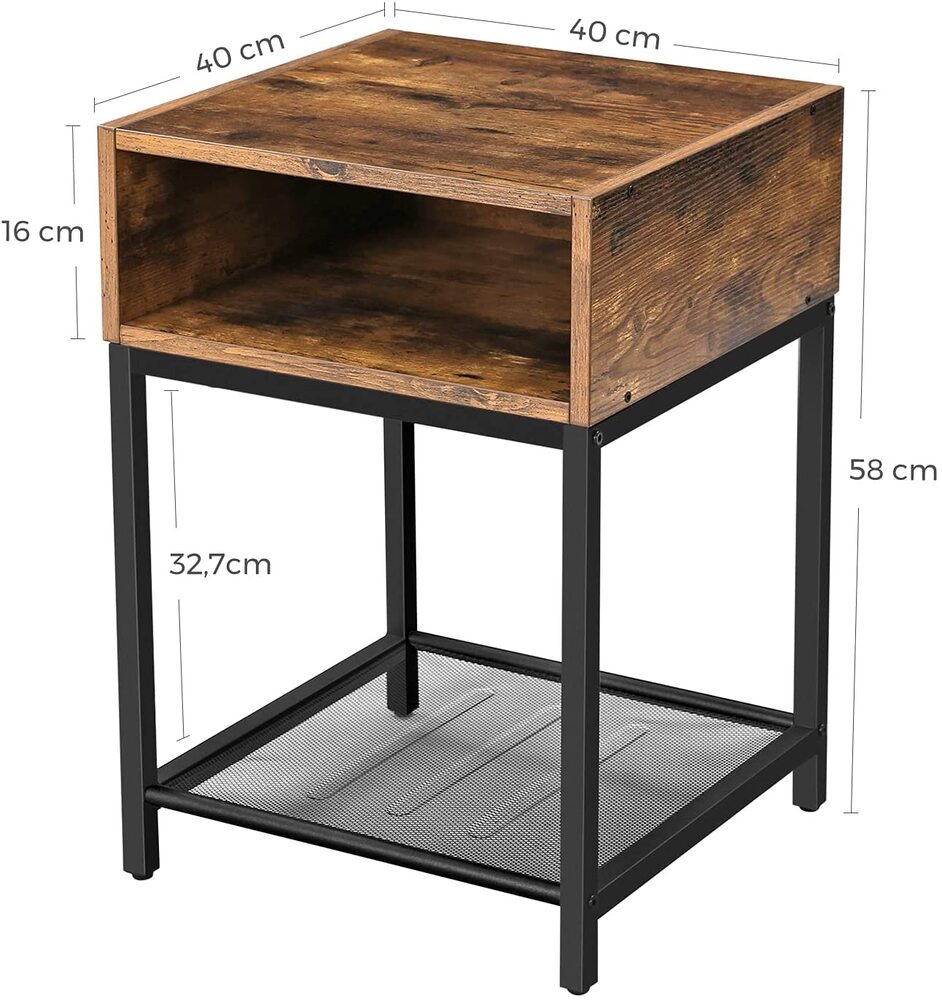 VASAGLE Nightstand Side Table End Table with Open Compartment and Mesh Shelf for Living Room Bedroom Easy Assembly Space Saving Industrial Rustic Brown and Black LET46X