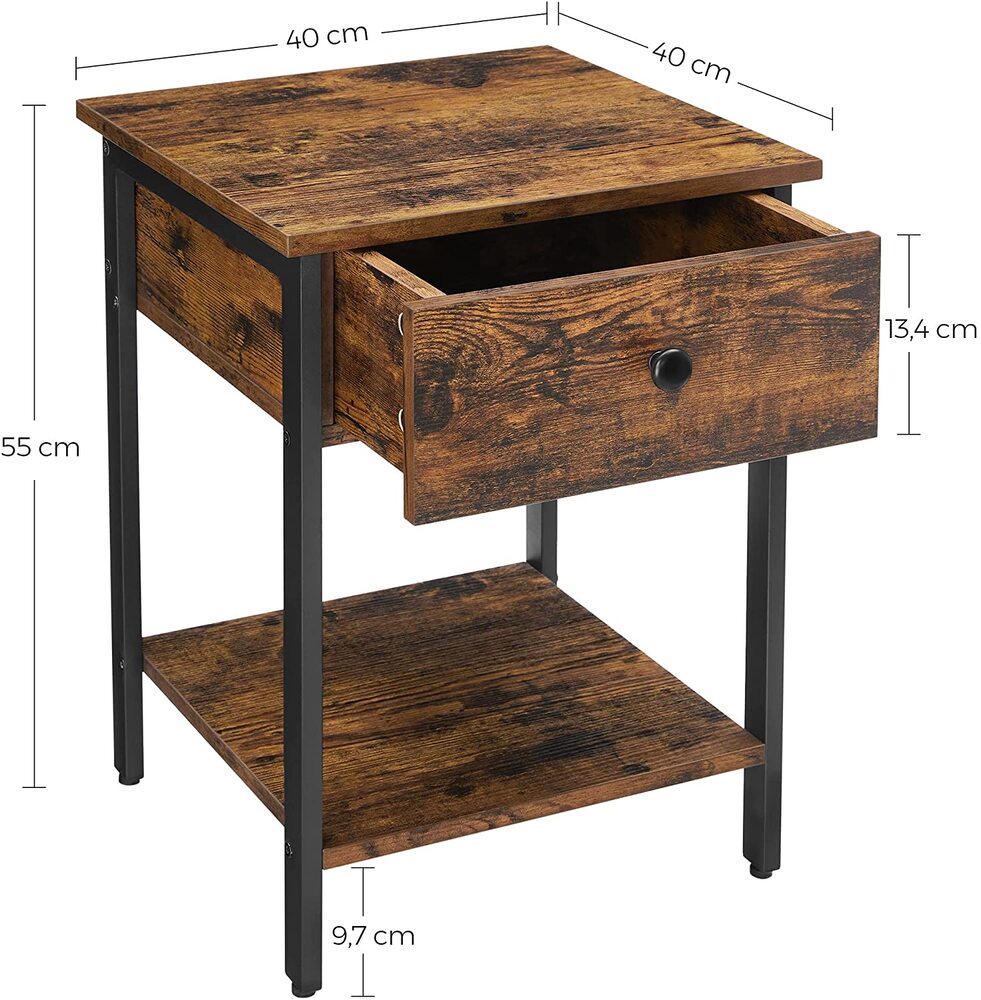 VASAGLE Nightstand Bedside Table Side Table with Drawer and Shelf End Table Bedroom Living Room Easy Assembly Steel Frame Industrial Rustic Brown and Black LET55BX