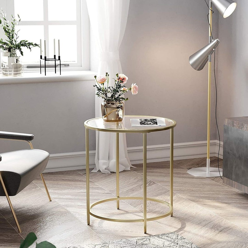 VASAGLE Round Side Table Tempered Glass End Table With Golden Metal Frame Small Coffee Table Gold LGT20G