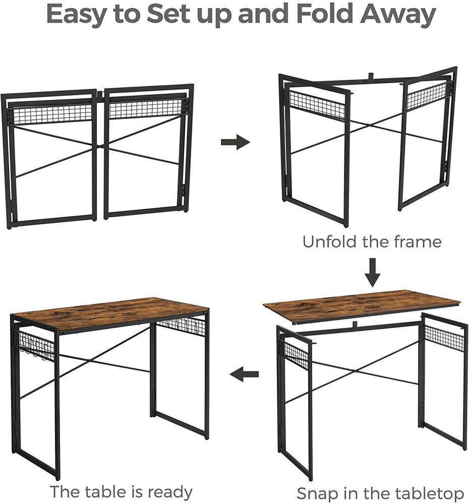 VASAGLE Computer Desk Folding Writing Desk with 8 Hooks Rustic Brown and Black LWD42X