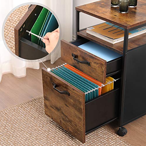 VASAGLE File Cabinet with 2 Drawers Rolling Office Filing Cabinet with Wheels and Open Compartment Rustic Brown and Black OFC71X