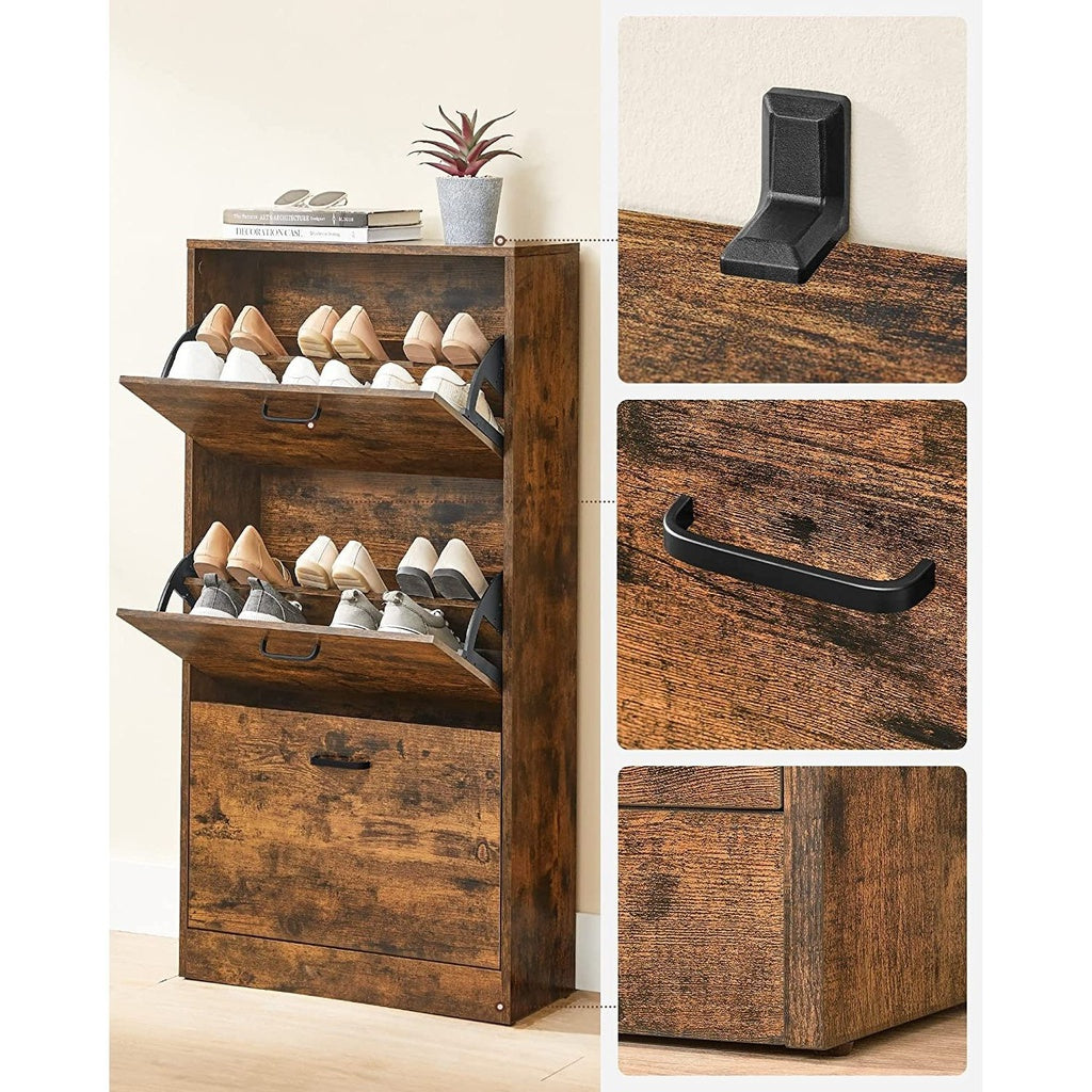 VASAGLE Shoe Cabinet 3 Tier Rustic Brown and Black LBC030X01